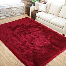 4x6ft Fluffy Faux Fur Area Rug - Ultra Soft Plush Carpet For Bedroom & Living Room | Machine Washable Fuzzy Floor Mat For Bedside & Home Decor - Đỏ sẫm - Xem 1