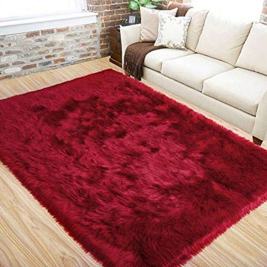 4x6ft Fluffy Faux Fur Area Rug - Ultra Soft Plush Carpet For Bedroom & Living Room | Machine Washable Fuzzy Floor Mat For Bedside & Home Decor - Đỏ sẫm - Xem 1