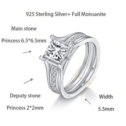 1 set Bague empilable en argent sterling plaqué platine 18 carats avec moissanite taille princesse de 6,5 mm pour femmes