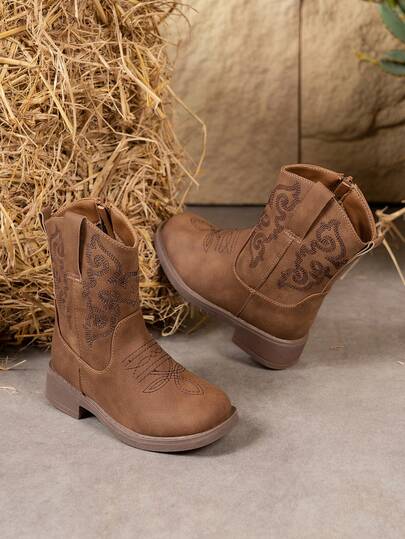 1 Pair Classic Embroidered Fashion All Season Children Boots, Everyday And Vacation Wear, Low Heel Mid-Calf Girls Boots