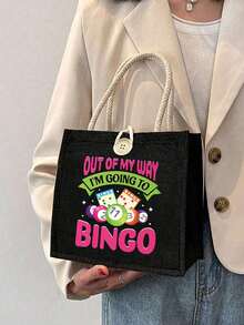 Billiards Lottery Theme Handbag Set, Bingo Ladies Handbag And Wallet Set, Includes Handbag And Coin Purse, Large Capacity Women's Bag, Fabric Material, Washable, Lined, Casual Shoulder Design, Printed With "I Want To Play Bingo" Slogan, Lottery Themed. - Multicolor - View 2