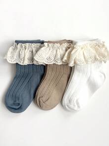 3 pares de calcetines cortos de color liso con ribete de encaje para niñas, para todas las estaciones - Multicolor - Ver 19