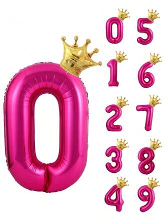 1 个 32 英寸巨型氦气铝箔数字气球，配有迷你皇冠铝箔气球，附带气球胶，适合 1 岁生日派对、周年纪念、婚礼仪式、立式气球（洋红色）