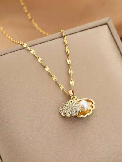 1pc Fashion Minimalist Micro Inlay Zirconia Faux Pearl Shell Necklace, Elegant Ocean Design Artificial Freshwater Pearl Necklace, Gift For Girlfriend On Valentine's Day