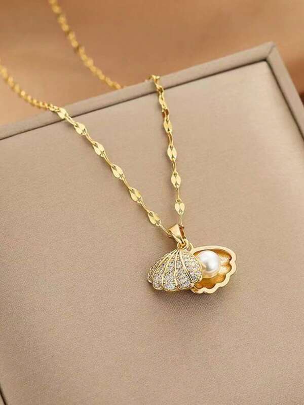 1 pieza Collar minimalista de moda con micro incrustraciones de circonita y perla falsa de concha, diseño elegante de océano con perla de agua dulce artificial, regalo para la novia en el Día de San Valentín