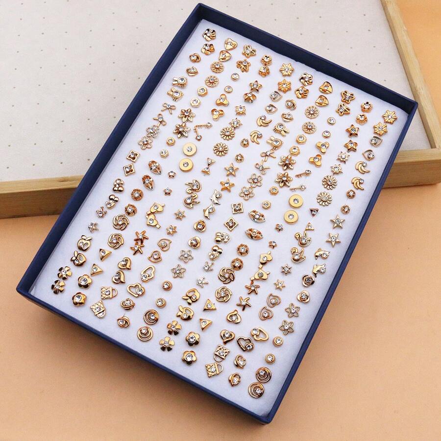 100 pares de pendientes de botón de plástico con cristales de color dorado en estilo de moda versátil y aleatorio, set con caja - Caja de oro y diamantes blancos - Ver 1