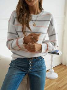 Maglione lavorato a maglia a righe e a blocchi di colore casual, da donna, taglie forti, per autunno/inverno