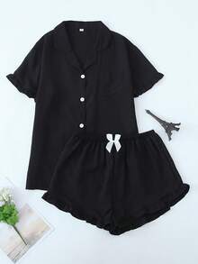 Women's Short-Sleeve Shorts Pajama Set With Ruffle Trim, Solid Color - Black - View 1