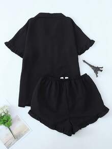 Women's Short-Sleeve Shorts Pajama Set With Ruffle Trim, Solid Color - Black - View 5
