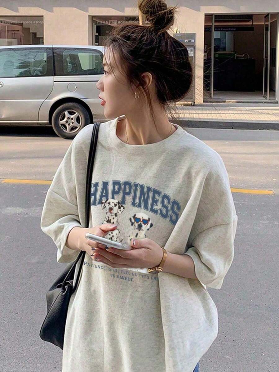 200g Pure Cotton T-Shirt 2025 Summer Ladies New Short Sleeve Pure Cotton Holiday Pattern Short Sleeve Round Neck Couple Wear Small Shirt Tops - 淺灰色 - 查看 1