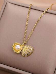 1 件时尚简约微镶嵌锆石仿珍珠贝壳项链，优雅海洋设计人造淡水珍珠项链，情人节送给女友的礼物 - 金色 - 查看 2