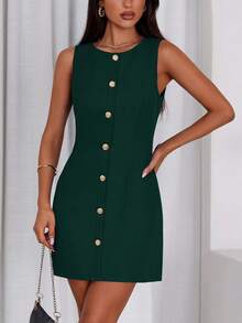 Valentine's Day Women's Formal Summer French Style Business Sleeveless Button-Up Skirt Elegant Work Office Dress - Green - View 4