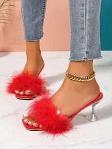 女士夏季穆勒凉鞋，露趾套脚款，蓬松人造毛皮，时尚休闲透明粗跟高跟鞋