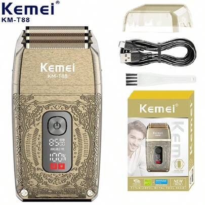 Kemei Afeitadora eléctrica de lámina KM-T88 para hombres, Body de aleación de zinc y afeitadora eléctrica de 3 velocidades, afeitadoras para cabeza rapada con bloqueo de viaje, recortadora de barba para el afeitado facial con pantalla LCD, regalo para hombres, recargable por USB