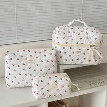 3pcs Makeup Bag Quilted Cosmetic Bag Silk Ribbon Large Floral Make Up Bag For Women Bow Cotton Makeup Bag Set Flower Travel Toiletry Bag - trắng - Xem 5