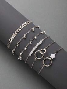 imoli 6pcs Set Vintage Style Metal Chain Circle Tassel Beaded Bracelet, Elegant Jewelry Gift For Women, Suitable For Daily Wear, Beach, Travel