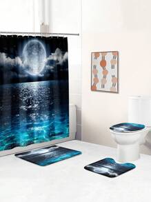 1 pièce/4 pièces Ensemble de salle de bain motif lac sous clair de lune avec rideaux de douche multifonctions (12 crochets), tapis de bain, tapis en U, housse de siège de toilette ronde, adapté à tous les scénarios, rentrée scolaire