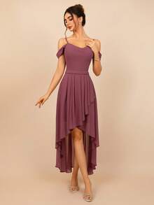 MOEVIO Women's Elegant Spaghetti Straps Chiffon High Low Cold Shoulder Midi Backless High Split Formal Bridesmaid Wedding Guest Evening Party Dress Spring Summer Vacation Homecoming Gathering Gown