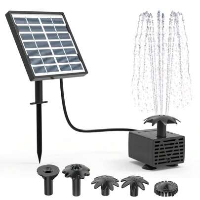 1 Set de bomba de agua con energía solar, panel solar mini de 1,5W que acciona la bomba, panel solar y bomba separados, sin necesidad de batería, incluye 4 boquillas, soporte para suelo/pared, fuente para baño de pájaros de plástico, mini estanque, sistema fotovoltaico no desmontable, apto para pájaros, abejas y mariposas, características de agua al aire libre, jardín, estanque pequeño, patio y acuario
