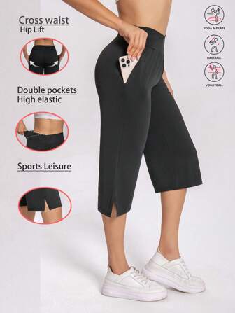 1 件女士休闲户外运动裤，夏季新款纯色透气高弹力舒适 7/8 长裤，采用弹力面料制成，交叉腰带设计，适合街头、网球、休闲，易于穿脱，慢跑裤丰富您的生活