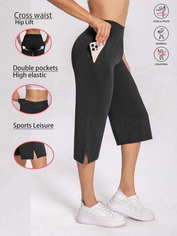 1 pieza Pantalones casuales y deportivos para mujer, nuevos de verano de unicolor, transpirables, de alta elasticidad y cómodos, de 7/8 de largo, hechos de tela elástica con diseño de cintura cruzada, adecuados para la calle, el tenis, el ocio, fáciles de poner y quitar, pantalones deportivos para enriquecer su vida.