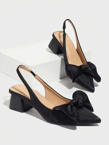 女士蝴蝶结装饰粗跟尖头套脚高跟鞋，优雅百搭，适合日常穿着、户外活动、通勤、派对、正式场合，舒适的黑色缎面高跟鞋，适合圣诞节、音乐节、母亲节等场合。 - 黑色 - 查看 7