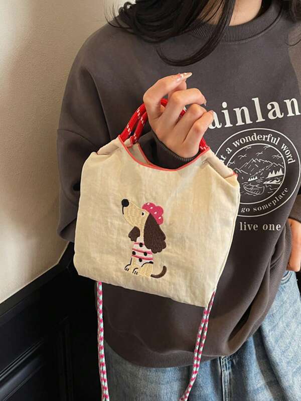 Sac seau en canevas à bandoulière diagonale avec broderie mignonne, sac de téléphone mode en nylon imperméable, sac avec broderie de chien, sac fourre-tout pour femme avec bandoulière amovible