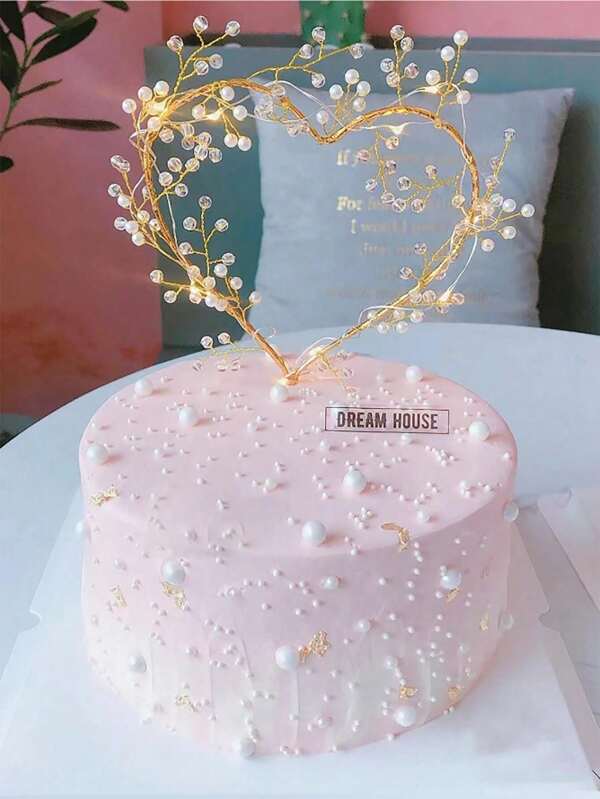 1pc Baking Cake Decoration 520 Golden Iron Heart Shaped Faux Pearl Ornament Flower Wreath Wedding Party Insert Card Valentine's Day