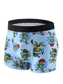 7pcs Assorted Boys' Cartoon Bear & Skateboard Printed Boxer Briefs, Street-Style, Very Soft & Comfortable, Suitable For 8-12 Years