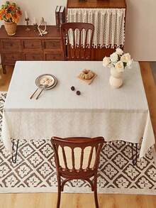 1pc Luxury Elegant French-Style & Japanese-Inspired Tassel Round Table Cloth, Fashionable High-End Modern Tablecloth For Coffee Table - White - View 6