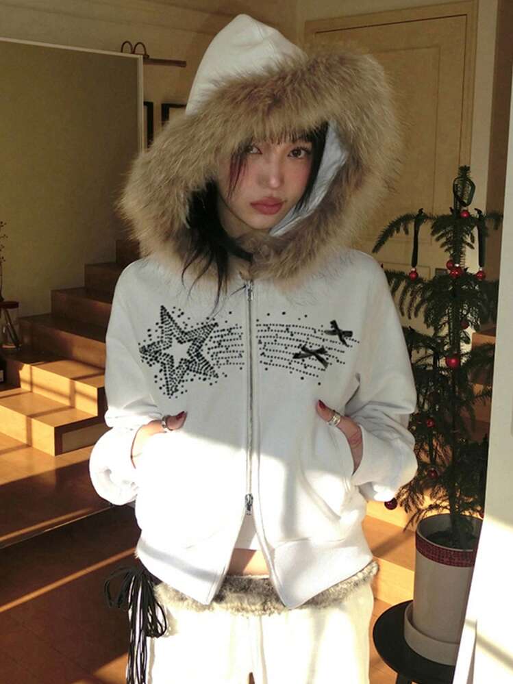 Star Rhinestone Artificial Fur Collar Hooded Coats Y2K Retro
