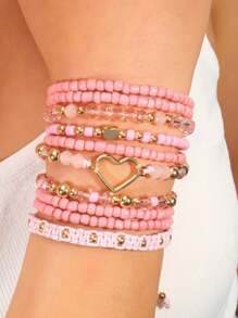 10pcs/Set Handmade Bohemian Style Beaded Heart Decor Bracelets For Women, Jewelry Set