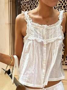 Women Summer Tank Tops Casual Lace Patchwork Buttons Sleeveless Shirt Basic Vest Aesthetic Clothes For Streetwear - White - View 3