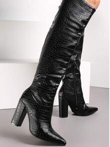 Moda feminina textura de jacaré bico fino moda botas de salto alto - Preto - Ver 1