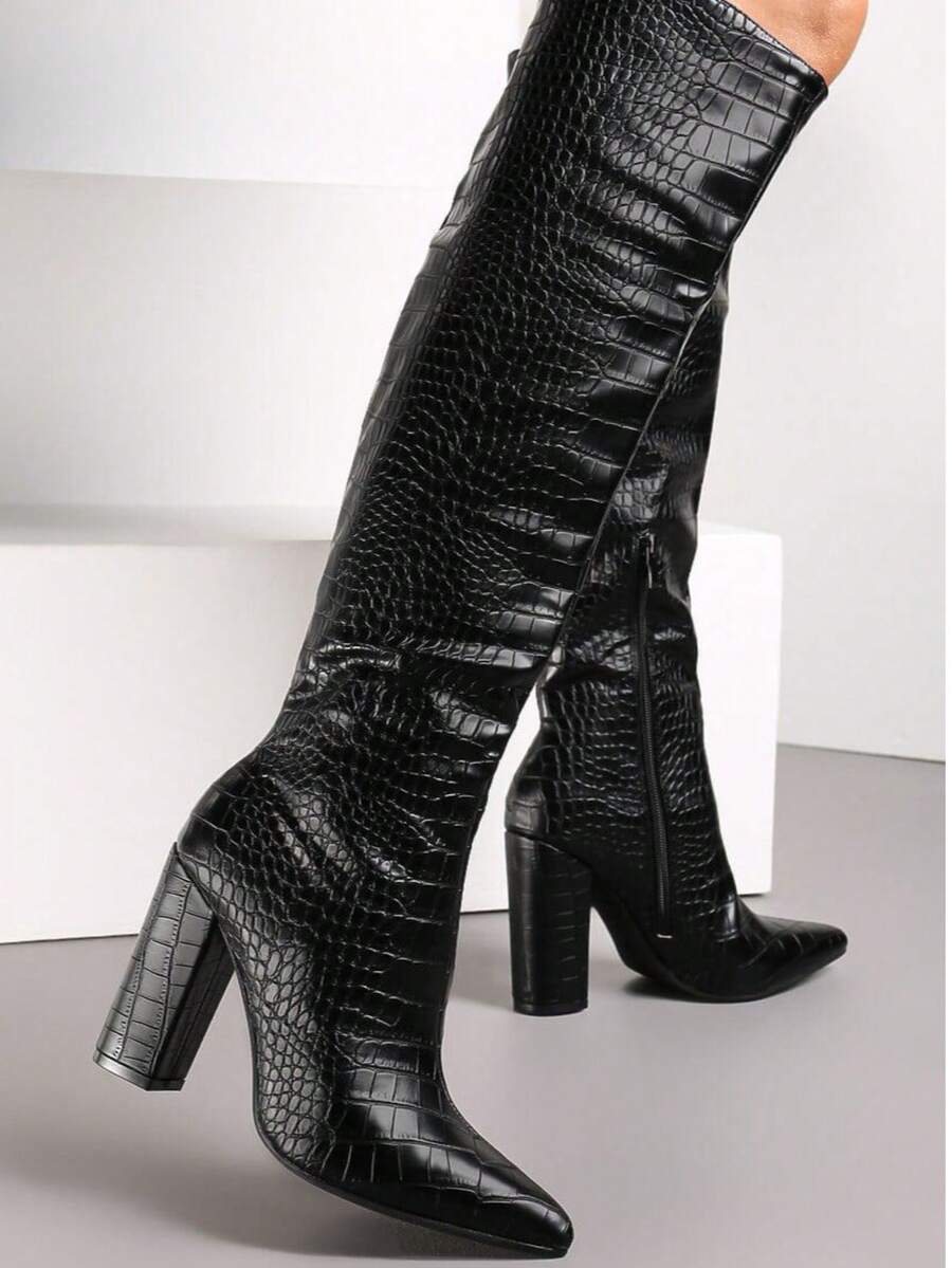 Moda feminina textura de jacaré bico fino moda botas de salto alto - Preto - Ver 1