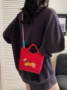 可爱刺绣帆布水桶包，女士时尚防水尼龙单肩托特包，狗狗刺绣图案女士手提包，带可拆卸肩带 - 彩色 - 查看 9