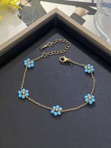 1pc Fashionable Delicate Twisted Faux Pearl Stainless Steel Bracelet With Pink Crystal Flower Handmade O-Link Chain Wristband, Suitable For Women, Spring/Summer/Autumn