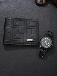 2 件男士休闲时尚钱包 + 时尚石英腕表礼品套装，周年纪念、生日、父亲节的理想礼物 - 黑色套裝4 - 查看 3