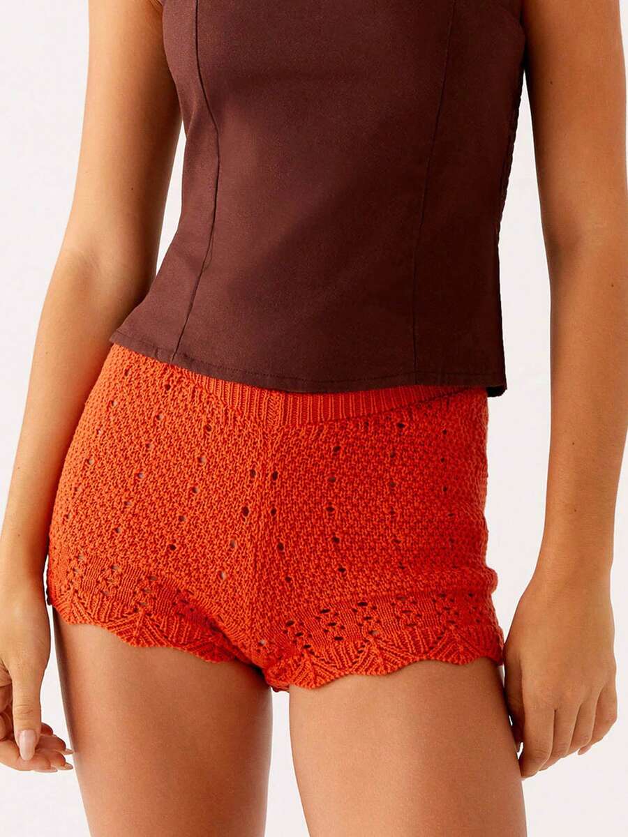 Women Knit Shorts Y2k Crochet Knitted Mini Shorts Cute Elastic Waist Solid Color Hollow Out Bottom Summer Beachwear Lounge Shorts - 橘色 - 查看 1