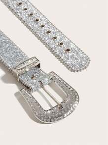 1pc 2.8" Width Rhinestone Glittering Silver Denim Belt For Dresses