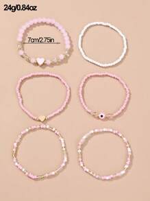 6pcs/Set Girls' Heart Shaped Bead Mixed Color Charm Bracelets