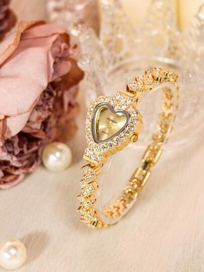 1 件女士时尚优雅石英腕表，金色表壳、表盘和表带，心形设计，百搭简约