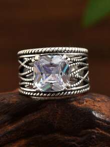 1 Stück Bohemian Stil vintage silberfarbener kubischer Zirkonia Ring für Damen, Verlobungsring für den täglichen Gebrauch