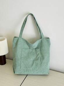 Tas Tote Bahu Pria Warna Polos, Tas Belanja Serbaguna, Tas Kanvas Bergaris Kapasitas Besar, Tas Sekolah - Mint Green - View 2