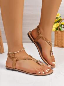 新款春夏时尚女士拖鞋，时尚休闲罗马风格一脚蹬凉鞋，黑色、米色、棕色，纯色编织舒适沙滩凉鞋，博主推荐厚底凉鞋，夏季沙滩鞋，优雅扣环低跟圆头拖鞋，防臭防滑面料串珠装饰简约户外拖鞋，百搭平底一脚蹬女士平底凉鞋 - 棕色 - 查看 6