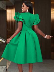 Women's Sweetheart Neck Ruffle Hem Flare Skirt, Suitable For Parties, Graduations, Back To School Occasions, Paired With Bell Sleeves - Green - View 3