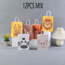 2/12/24pcs/Set Kraft Paper Animal Gift Bags, Elephant, Lion, Monkey, Tiger, Zebra, Giraffe Designs, Suitable For Wedding, Party, Birthday, Mother's Day, Graduation Packaging Bags, Party Favor Bags