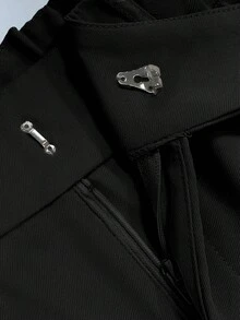 女士小码低腰休闲工作商务腰部纽扣设计松紧腰拼色条纹长裤，夏季/秋季，适合办公室商务休闲 - 黑色 - 查看 9