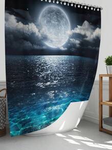 1 pièce/4 pièces Ensemble de salle de bain motif lac sous clair de lune avec rideaux de douche multifonctions (12 crochets), tapis de bain, tapis en U, housse de siège de toilette ronde, adapté à tous les scénarios, rentrée scolaire