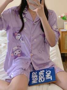 Sanrio 1 Set de pijama con estampado de personajes de Sanrio. Pijama de dibujos animados de Kuromi en morado, cómodo e inspirador